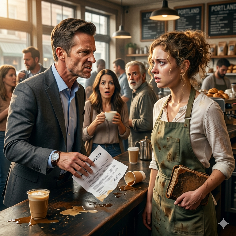“You’re just a glorified barista with a fake degree,” he sneered, tossing the eviction notice onto the sticky counter of the downtown Portland café as the morning rush watched. But what he didn’t know was that the faded ledger in my apron pocket held the deed to his entire empire.