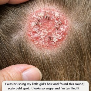 I was brushing my little girl’s hair and found this round, scaly bald spot. It looks so angry and I’m terrified it will spread to the other kids before our appointment on Monday. Please help!