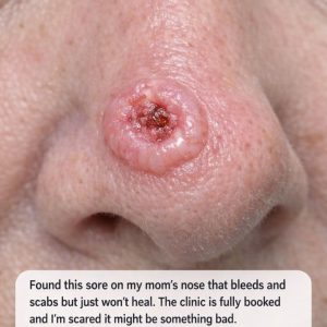 Found this sore on my mom’s nose that bleeds and scabs but just won’t heal. The clinic is fully booked and I’m scared it might be something bad. Any ideas what this is?