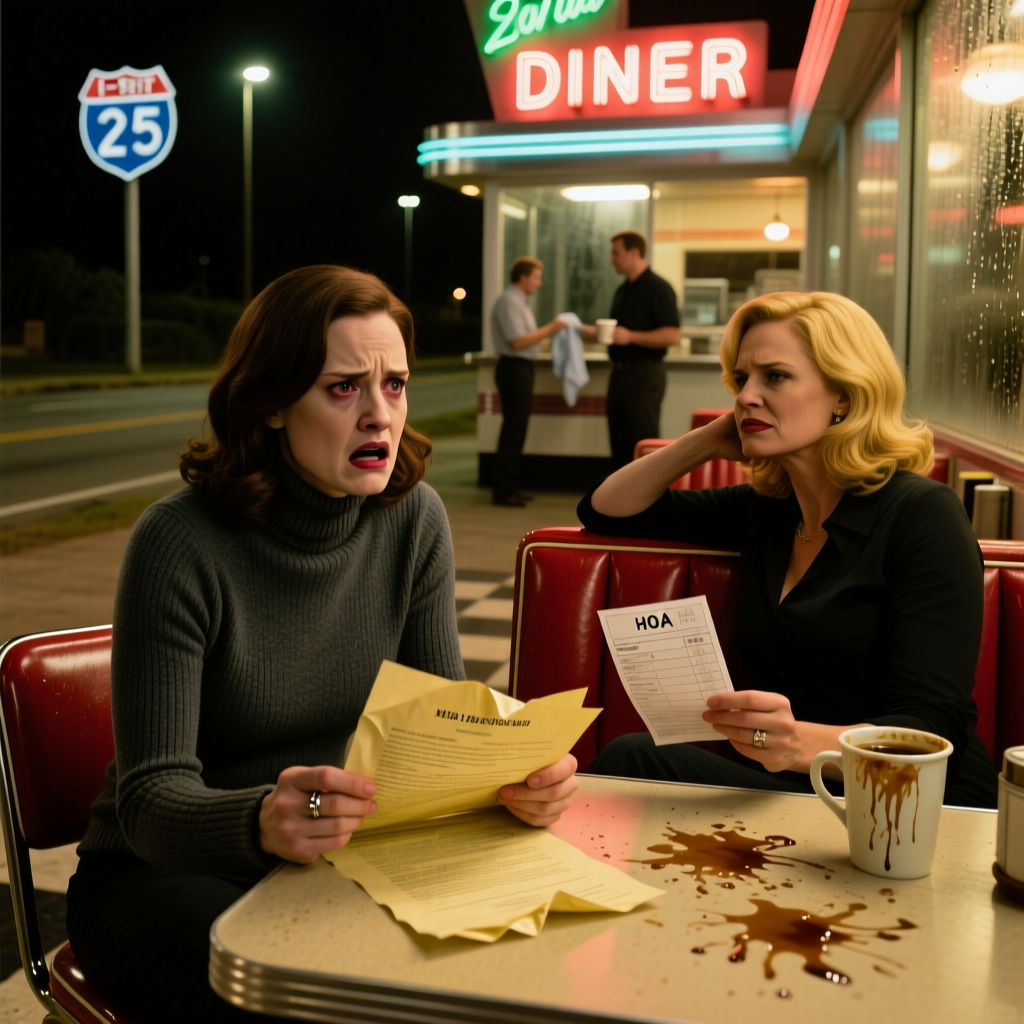 "You really think you’re a wife, or just the unpaid maid we keep around?" Barbara sneered, leaning across the sticky vinyl booth at the 24-hour diner off I-95. She tossed a crumpled, grease-spotted HOA bill onto my lap, right where I’d just set my lukewarm coffee. I didn’t reach for a napkin. I just watched her smile fade, knowing my divorce papers and the property transfer were already sitting in my husband’s office, waiting for his signature.