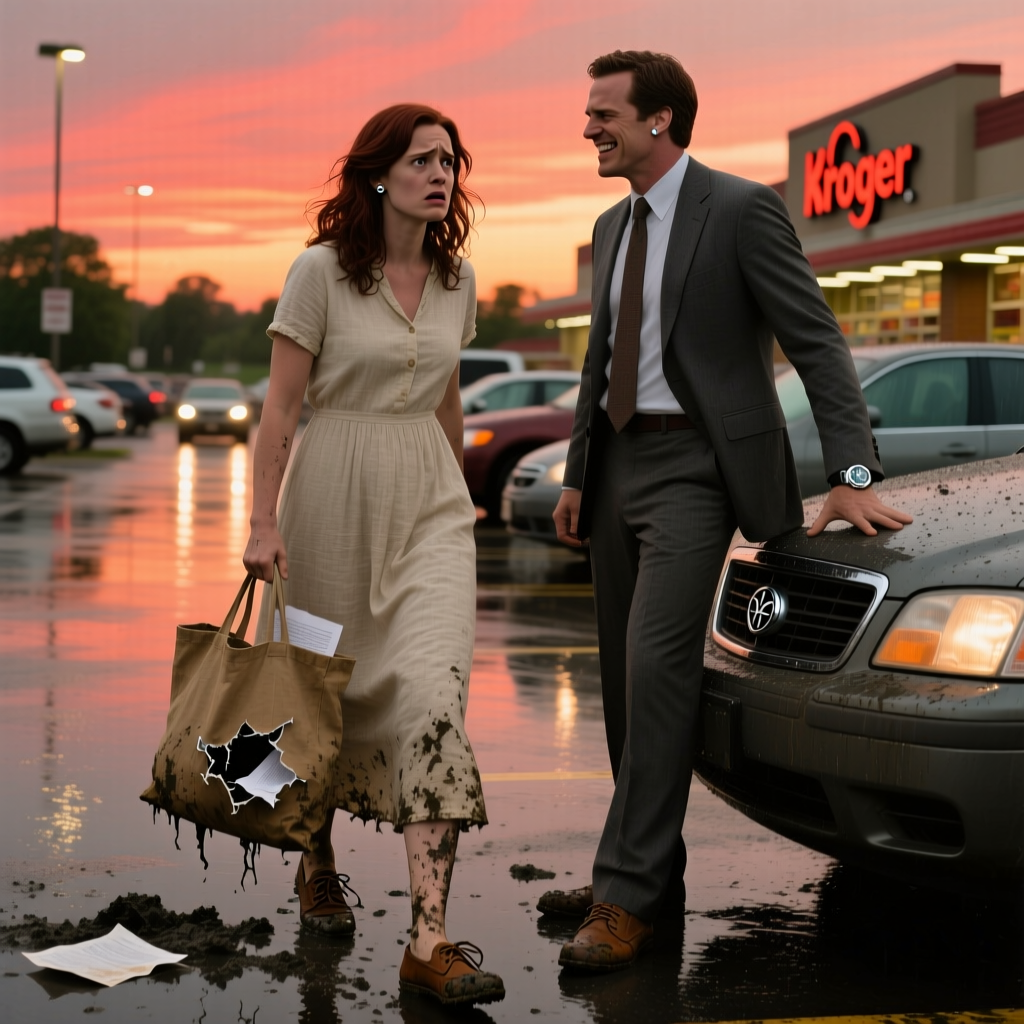 It was 4:15 PM at the busy Cedar Ridge Kroger parking lot when my husband publicly shoved my reusable tote into a mud puddle and dropped the divorce papers right on my worn sneakers. He stood there in his tailored charcoal suit, casually checking his new Rolex, and sneered, 'Pack your bags and catch the Greyhound, Clara. Jessica’s already picking out my guest room curtains.' What he forgot to mention was the heavy probate envelope tucked in my coat pocket, already notarized with a twelve-figure